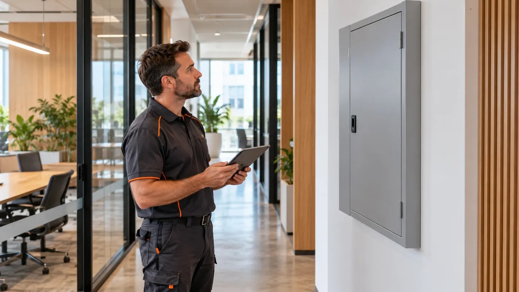 Facilities professional holding a tablet beside a closed electrical switchboard in a modern commercial office.