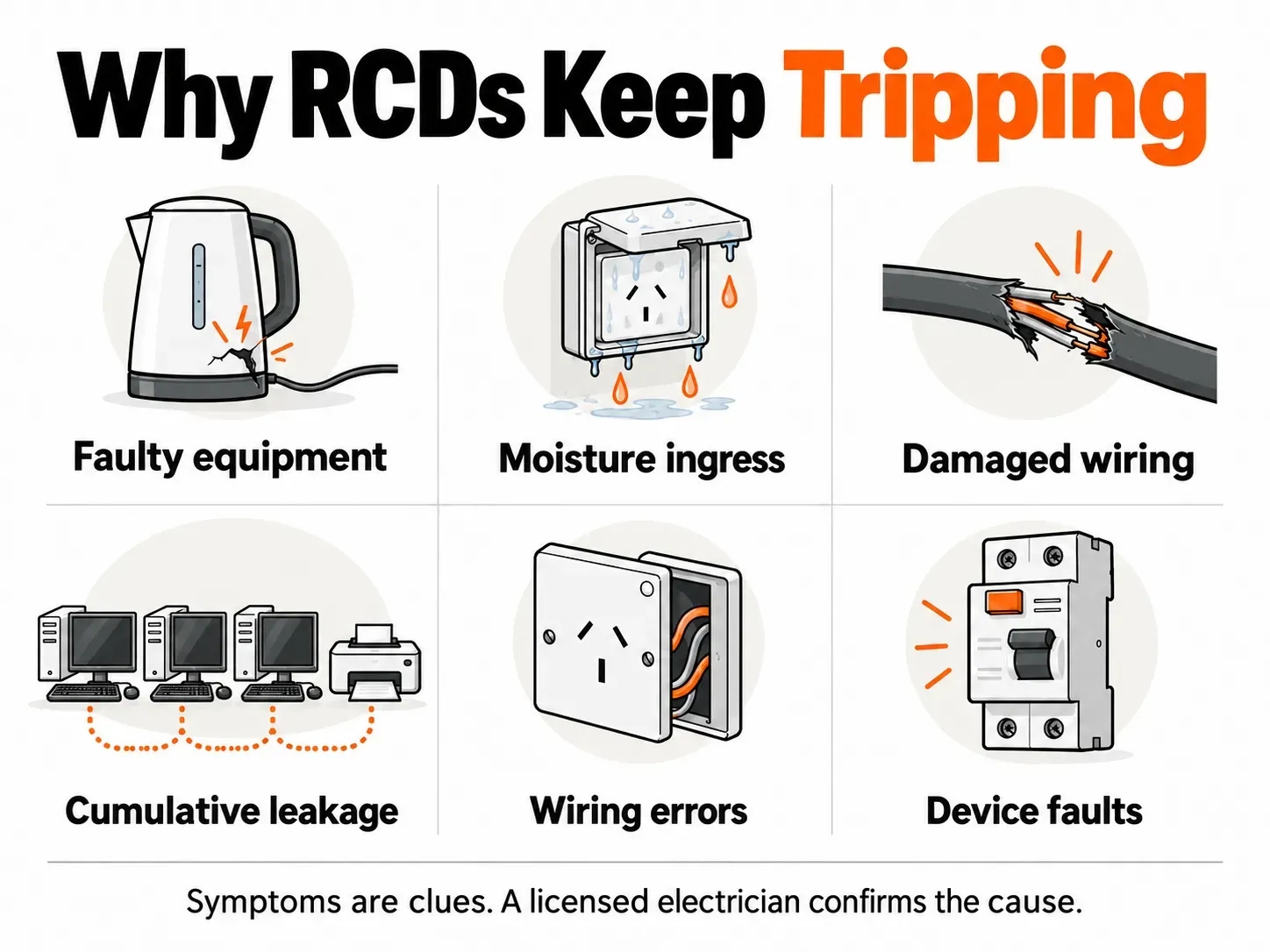 Six possible causes of RCD tripping: faulty equipment, moisture, damaged wiring, cumulative leakage, wiring errors and device faults.