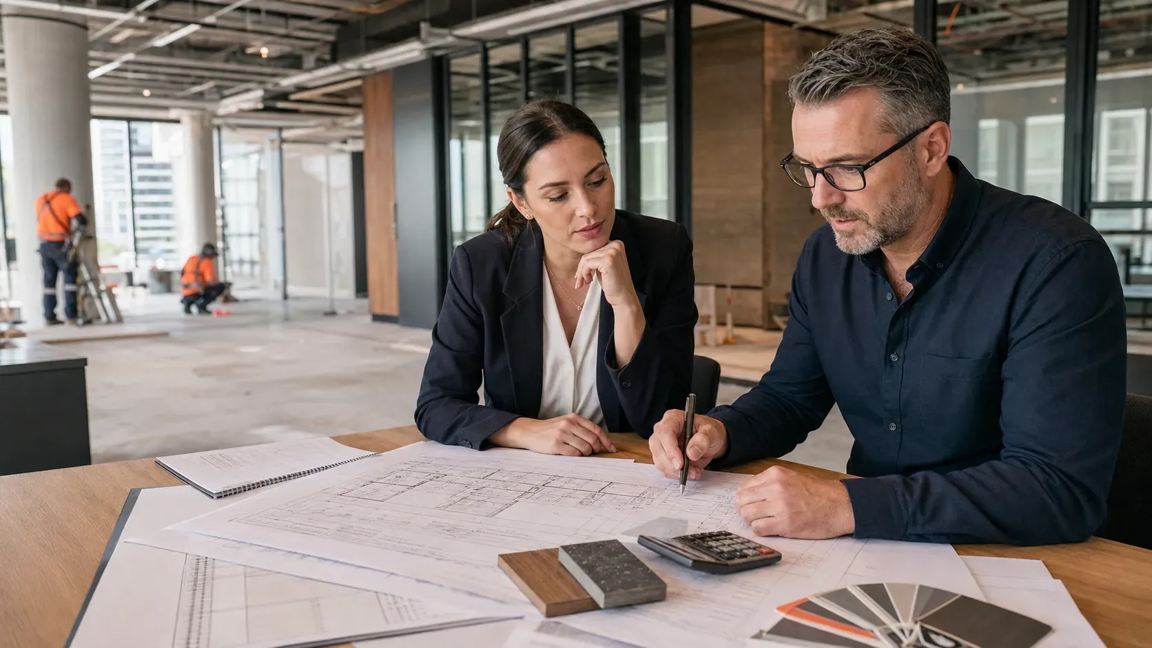 Business owner and commercial fitout manager reviewing project plans, material samples and costs at a Melbourne office fitout.