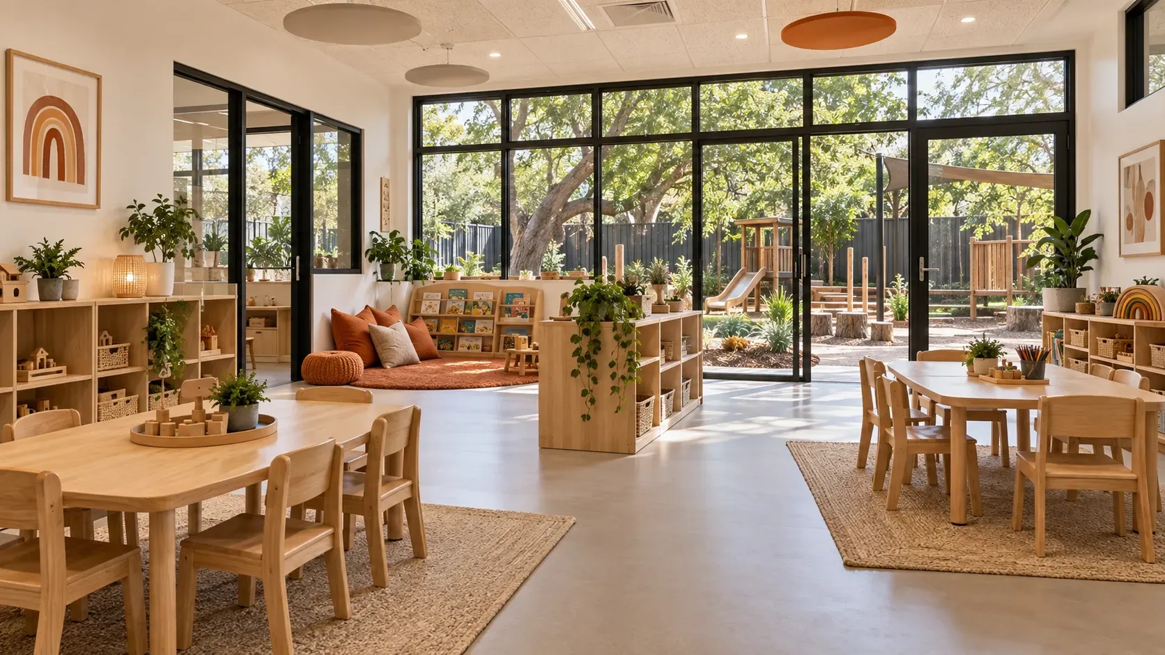Modern childcare interior with timber furniture, orange accents, and large windows overlooking a shaded playground.