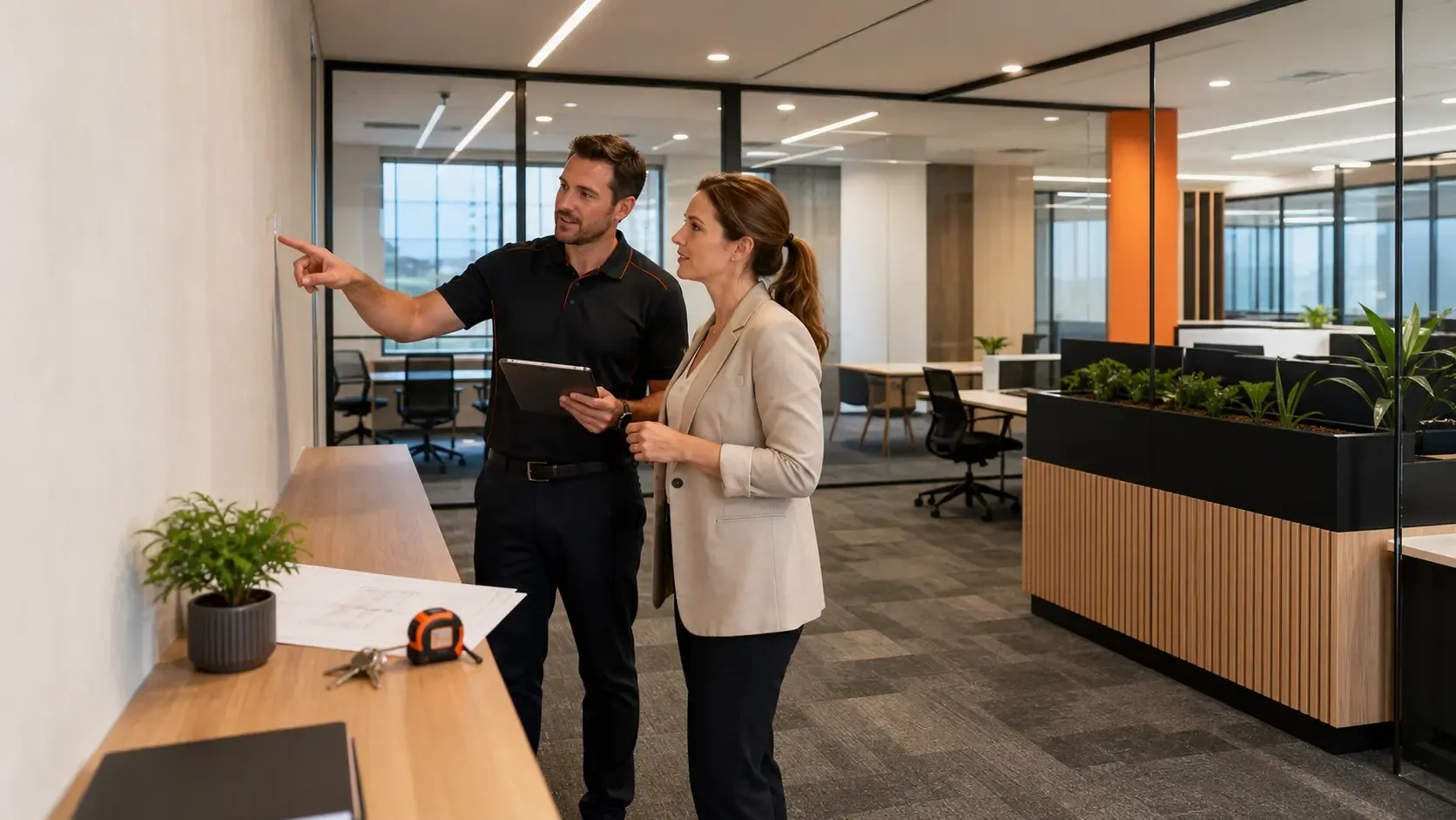 Project manager and business owner reviewing a completed commercial office fitout during handover and final inspection.