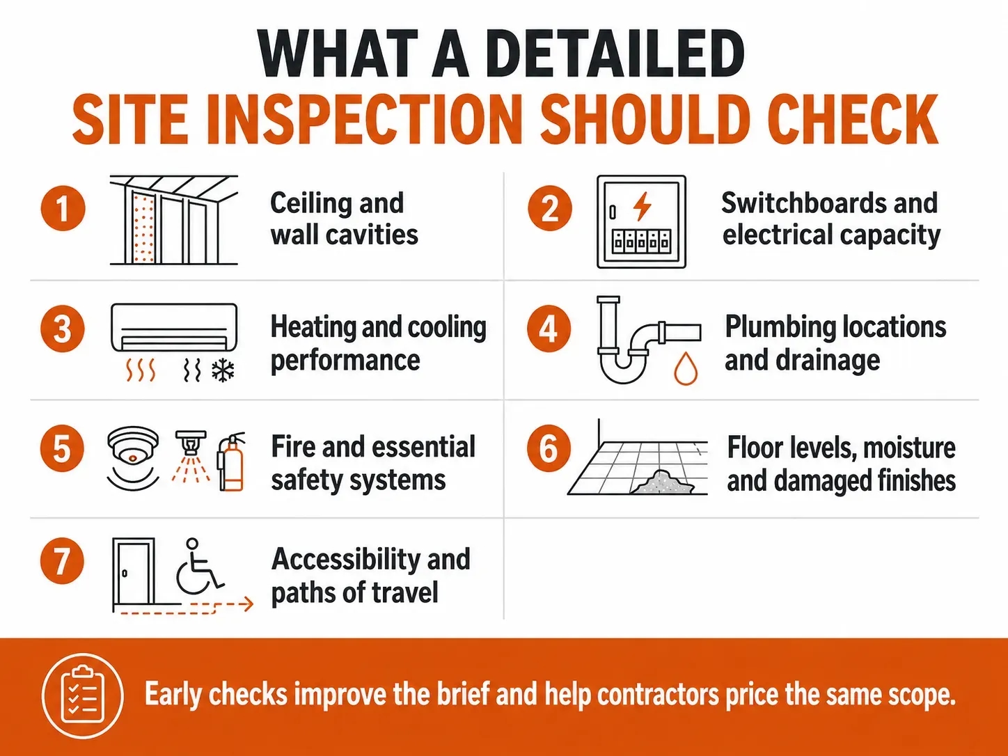 Commercial fitout site inspection checklist covering cavities, electrical capacity, HVAC, plumbing, fire safety, flooring and accessibility.
