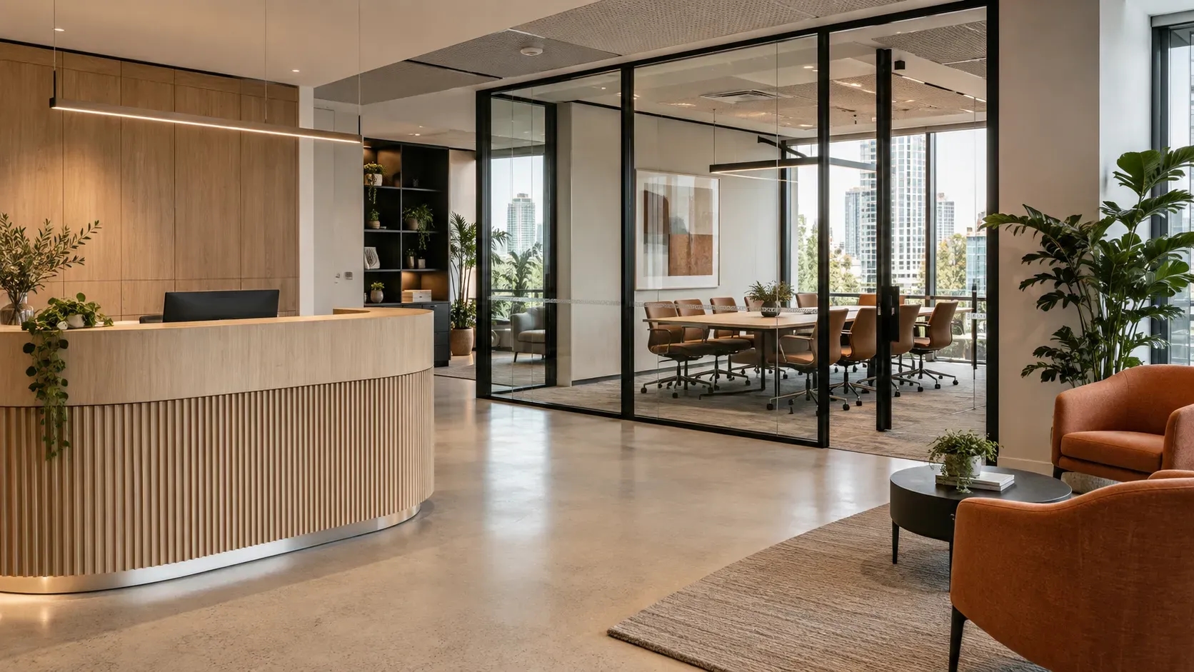 Contemporary office fitout with a curved timber reception desk, glass meeting room, and orange lounge seating.