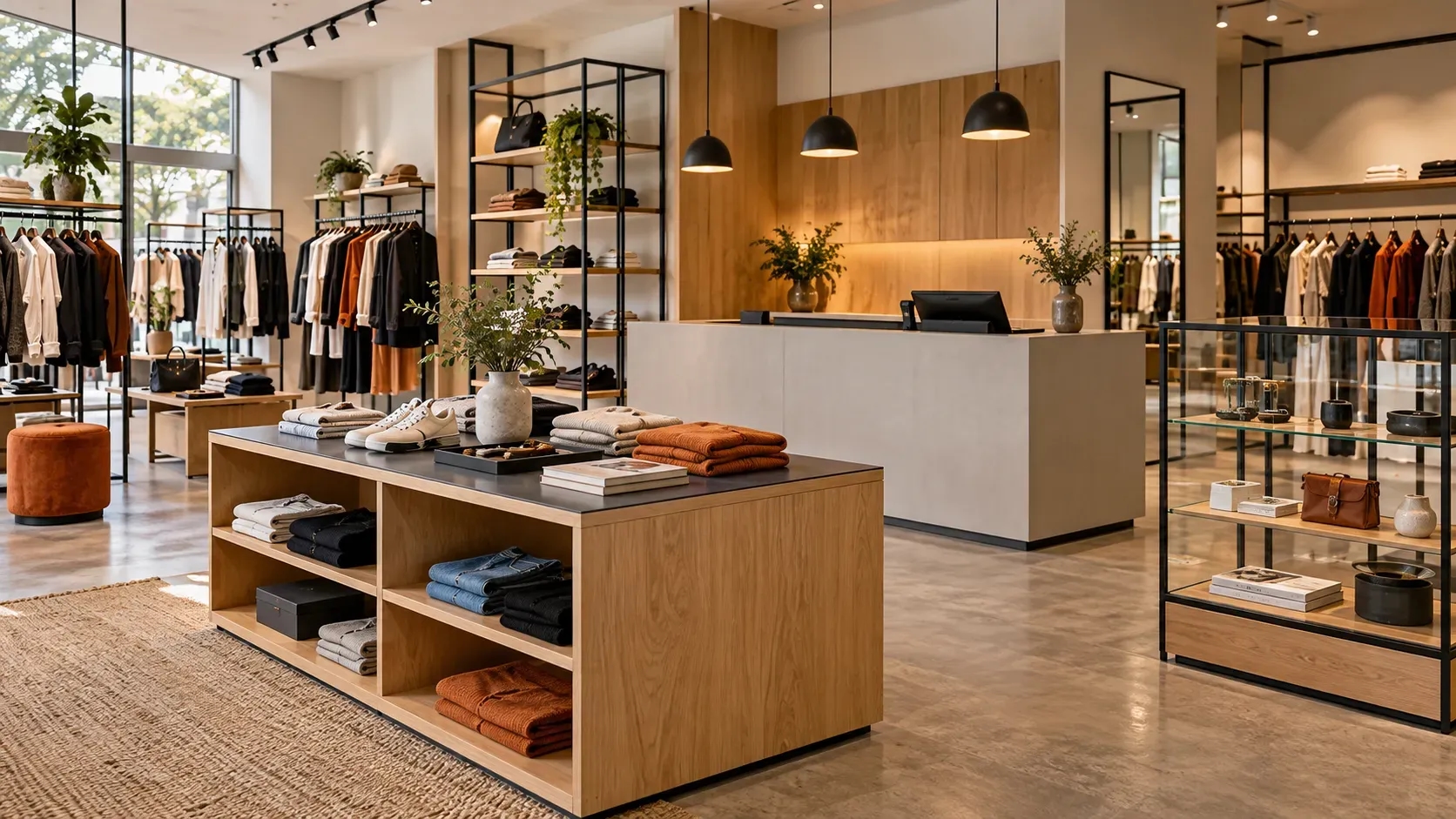 Contemporary retail interior featuring timber displays, laminate counters, metal clothing rails and glass cabinets.