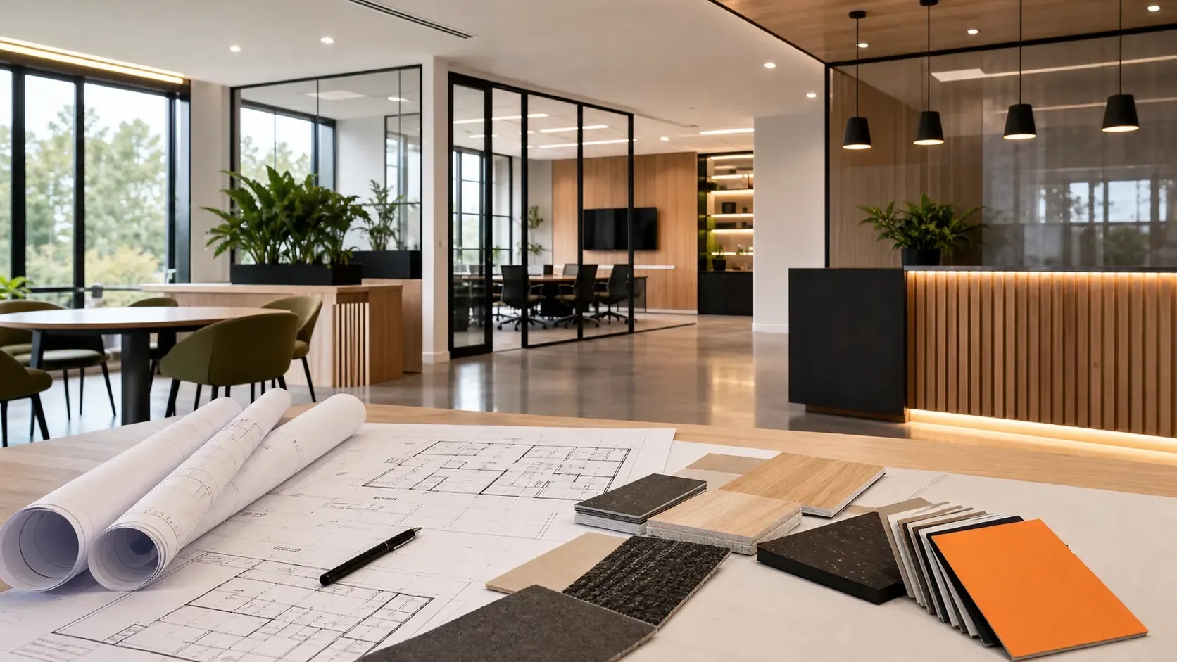 Modern Melbourne commercial fitout with architectural plans and material samples for comparing project delivery models.