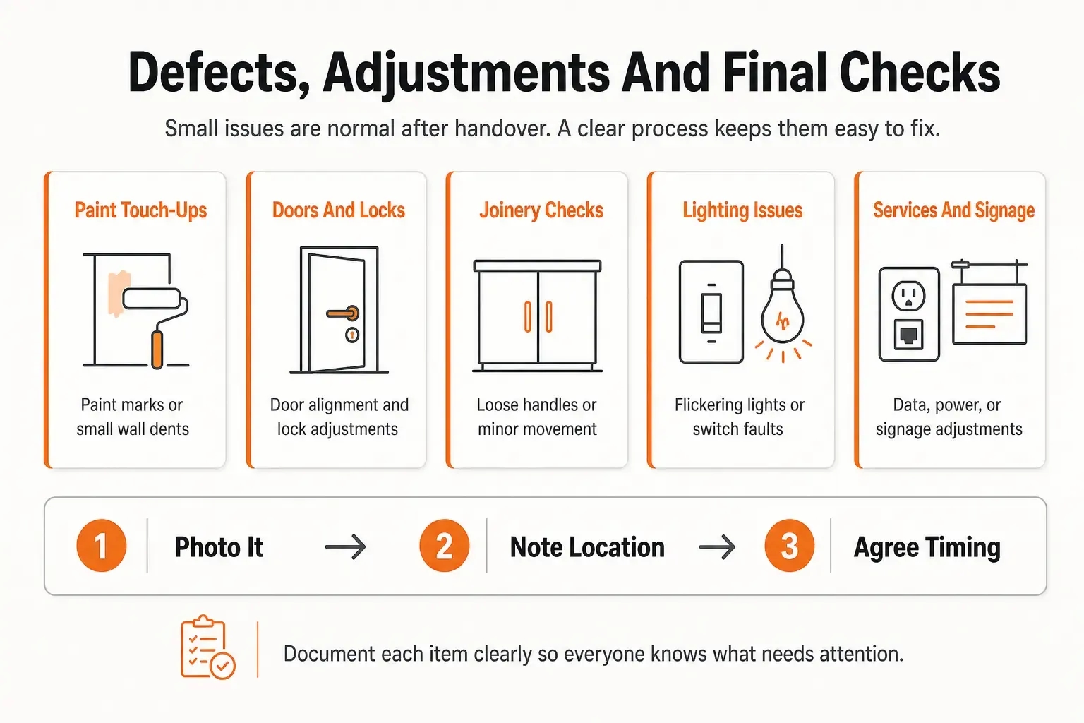 Infographic showing common fitout defects and a simple process to report, locate, and schedule final adjustments.