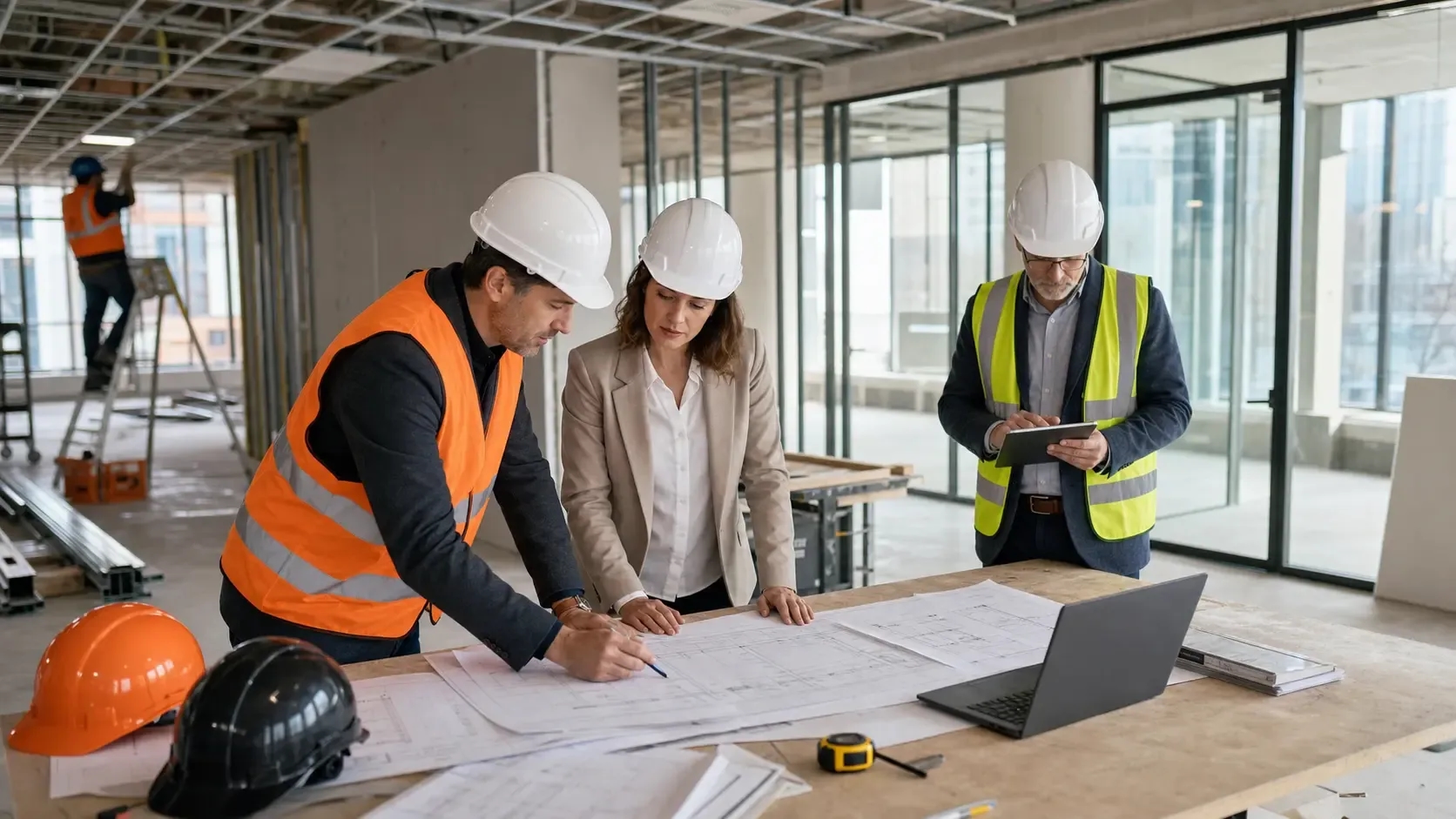 Commercial fitout project manager, business owner, and consultant reviewing approval drawings on a Melbourne fitout site.