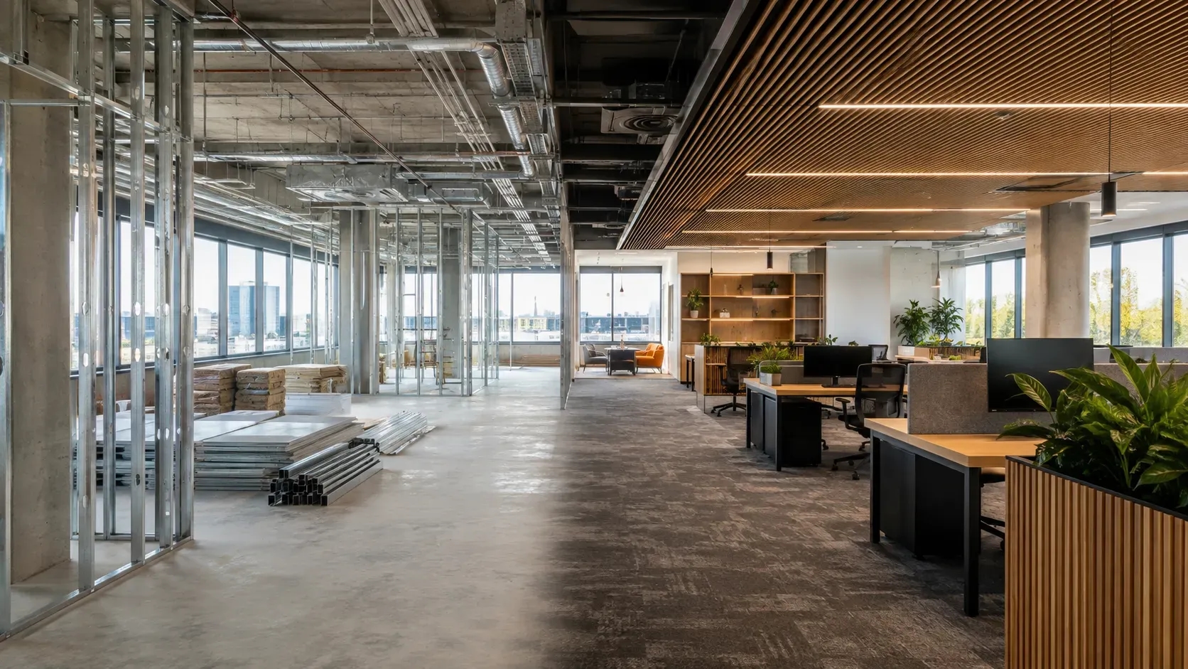 Split view comparing an unfinished commercial fitout with a completed refurbished office workspace.