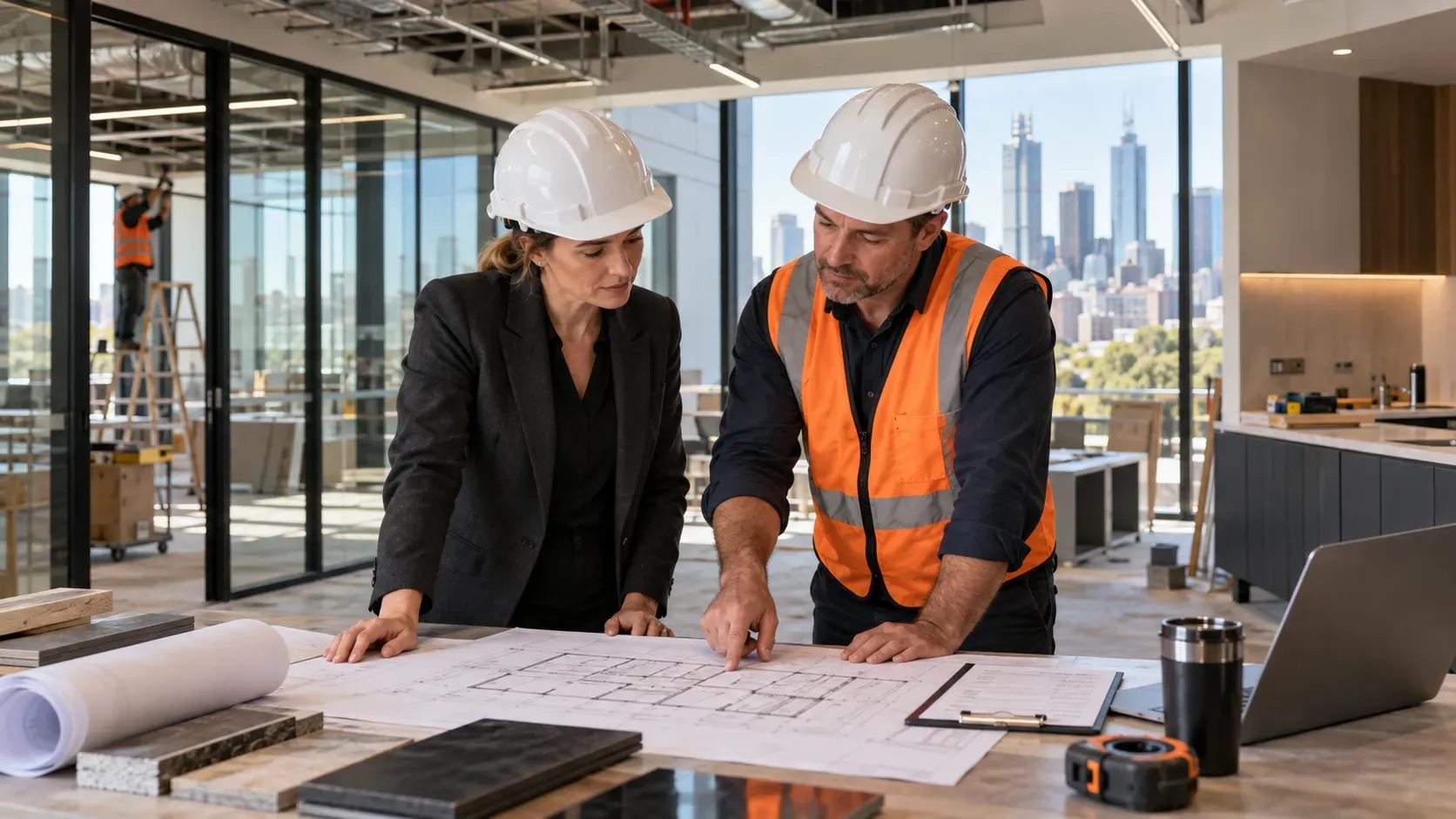 Business owner and fitout project manager reviewing architectural plans inside an office under construction.