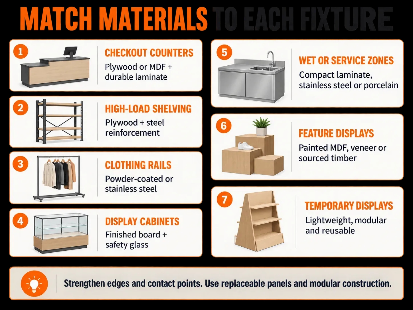 Infographic matching retail fixtures with suitable materials, including plywood, MDF, steel, laminate, glass, porcelain and timber.