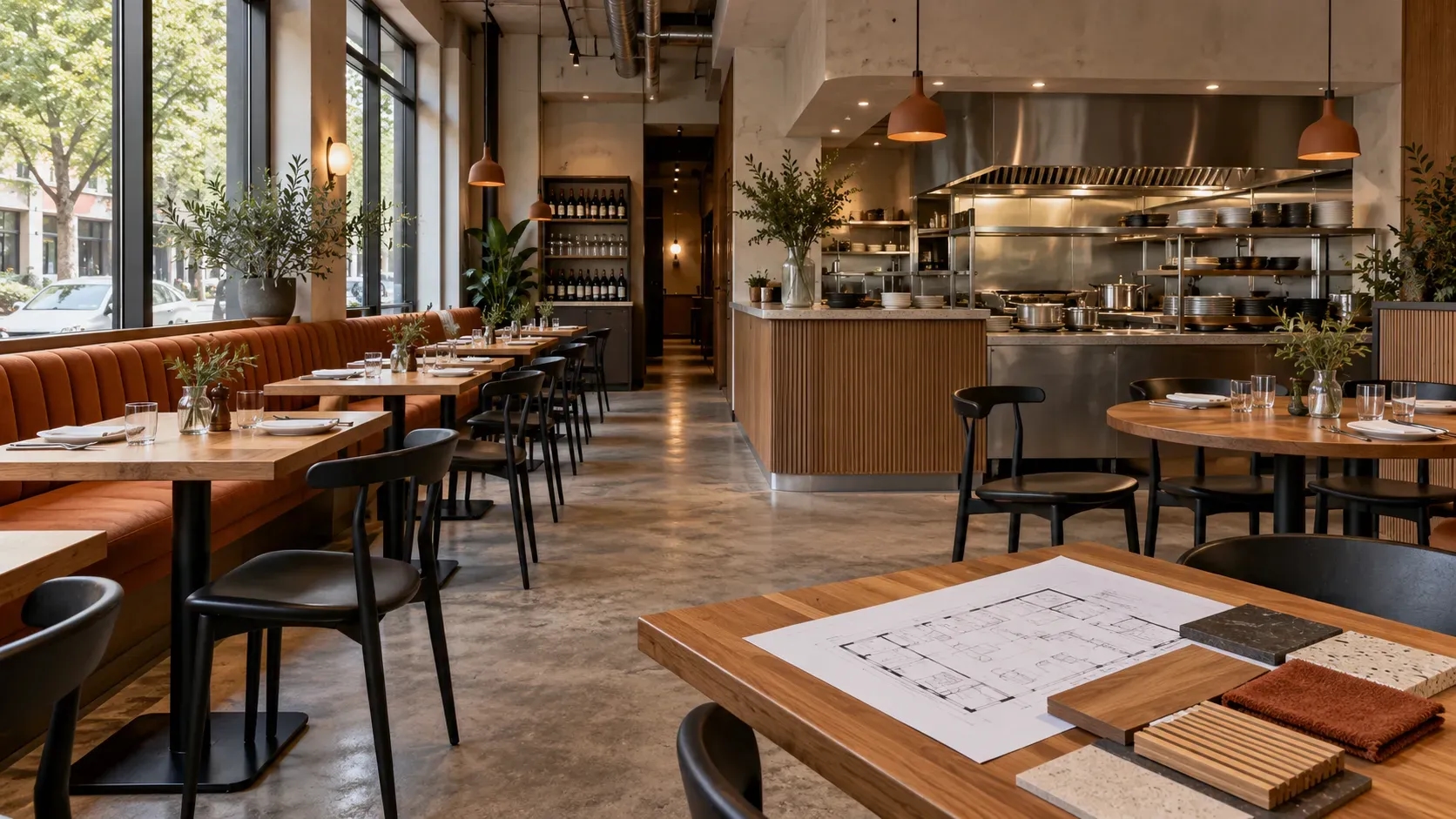 Restaurant interior concept with timber tables, orange banquette seating, an open kitchen and fitout plans.