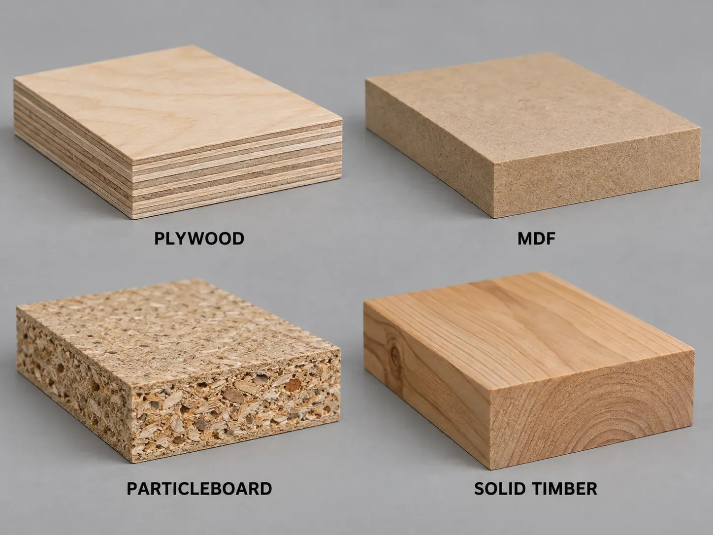 Comparison of plywood, MDF, particleboard and solid timber used for shopfitting fixtures.