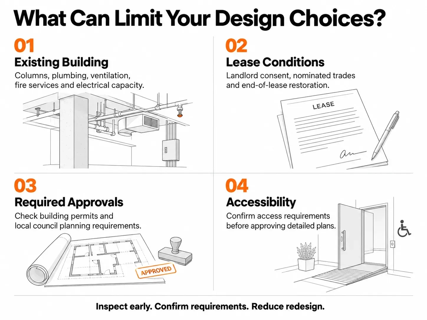 Four factors limiting turnkey fitout design: existing building services, lease conditions, required approvals, and accessibility.
