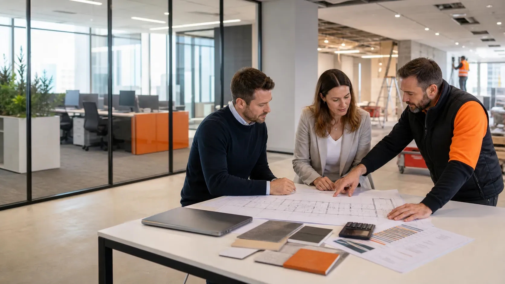 Business owners and a fitout manager reviewing plans and costs during a commercial office fitout.