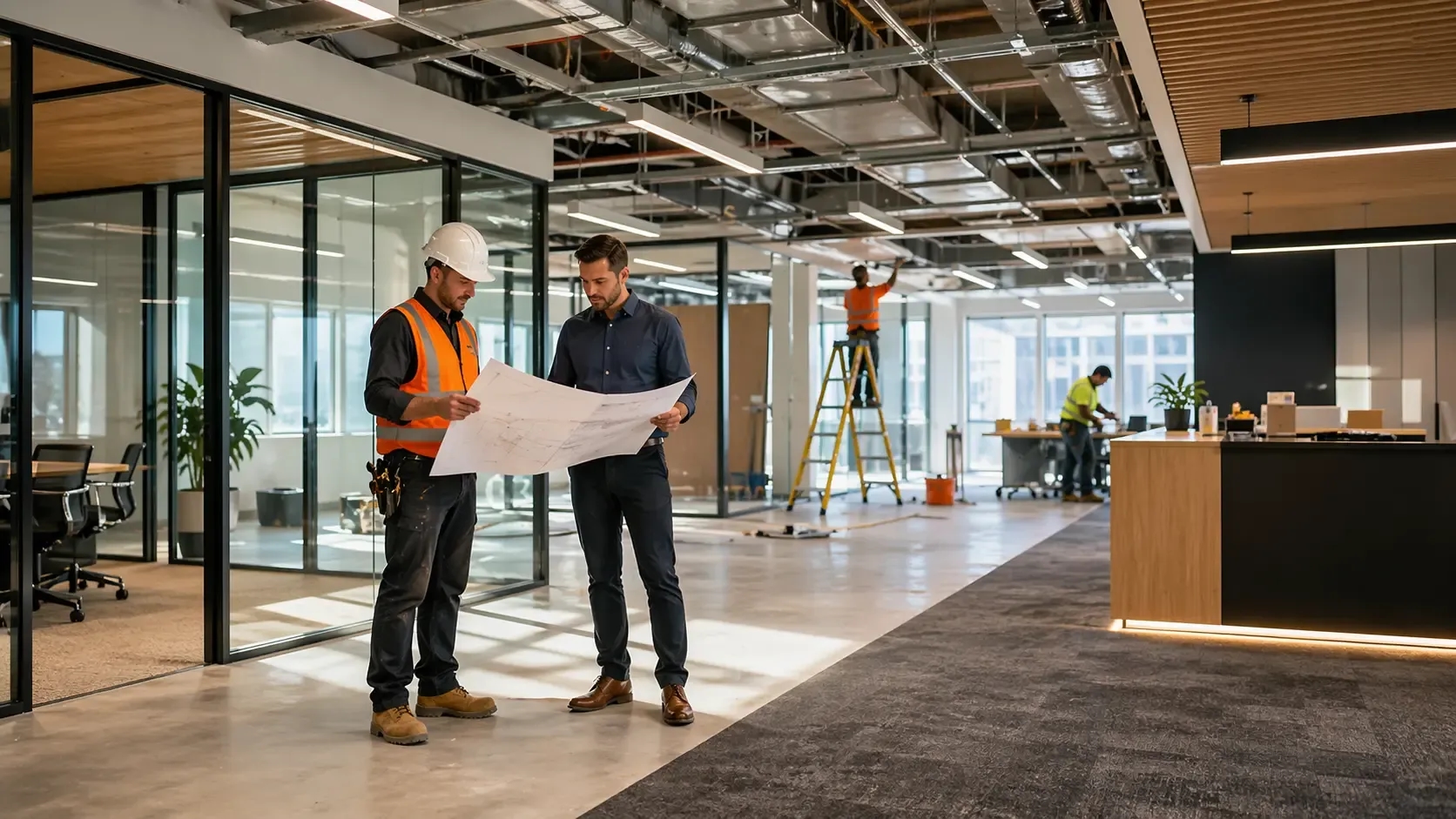 Modern office turnkey fitout in progress with contractors reviewing plans and installing interiors in a Melbourne workspace
