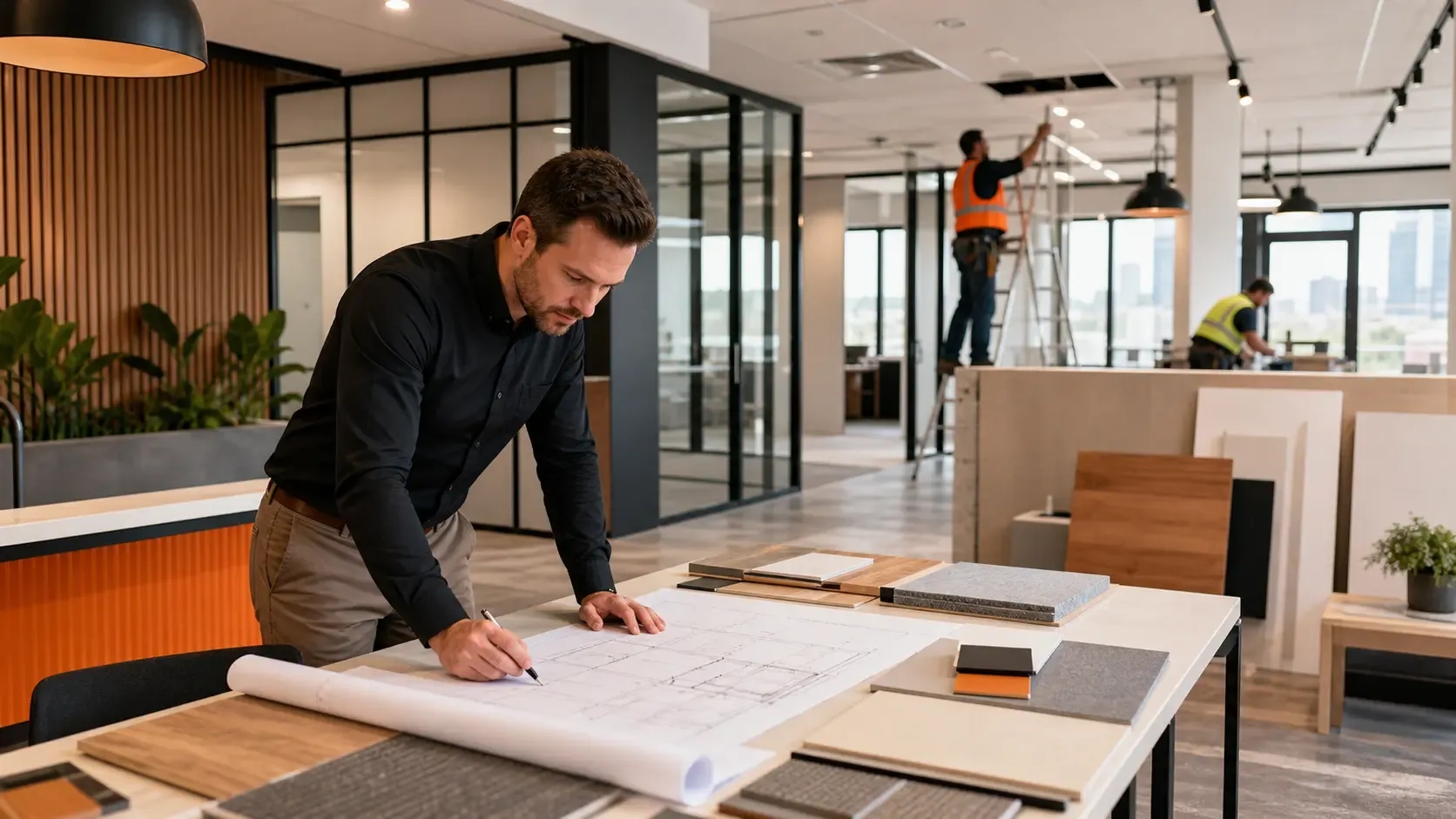 Project manager reviewing fitout plans in a modern commercial space under renovation.