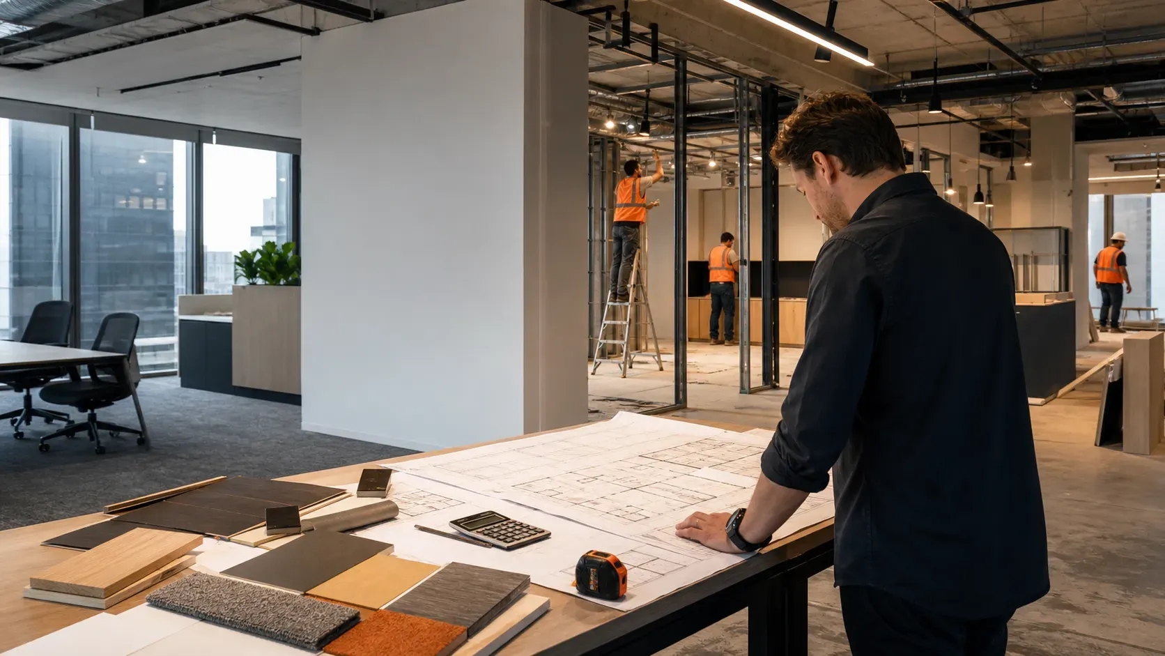 Project manager reviewing commercial fitout plans and material samples inside a Melbourne office under construction.