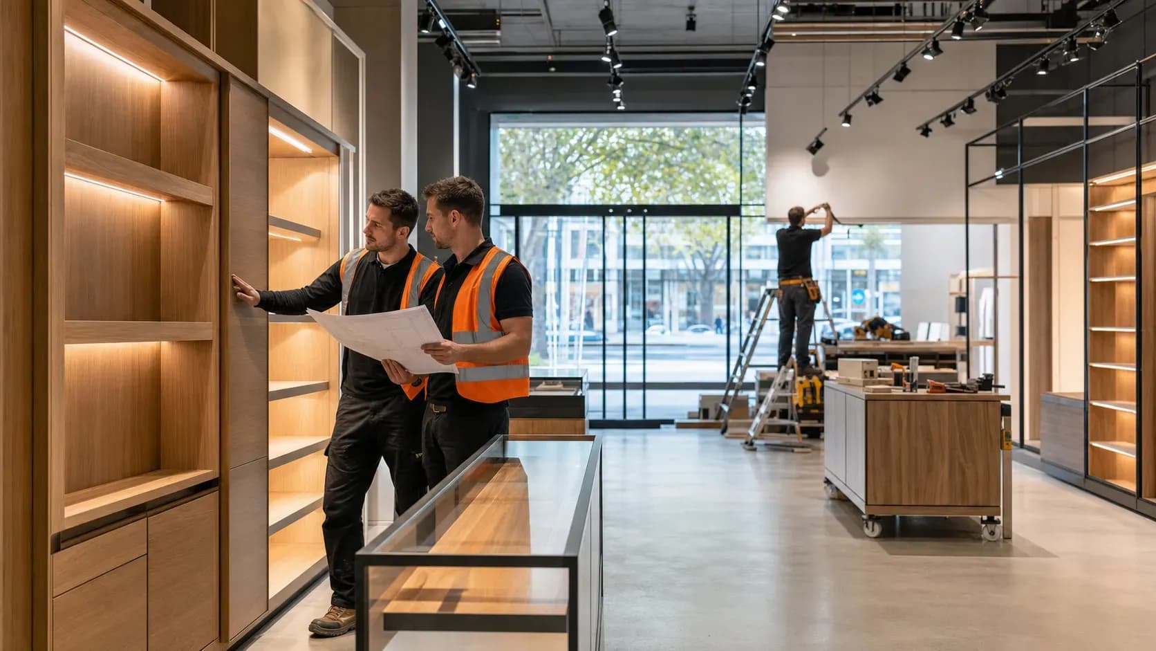 Retail fitout professionals reviewing plans inside a modern Melbourne store with timber displays, clothing rails, and native greenery.