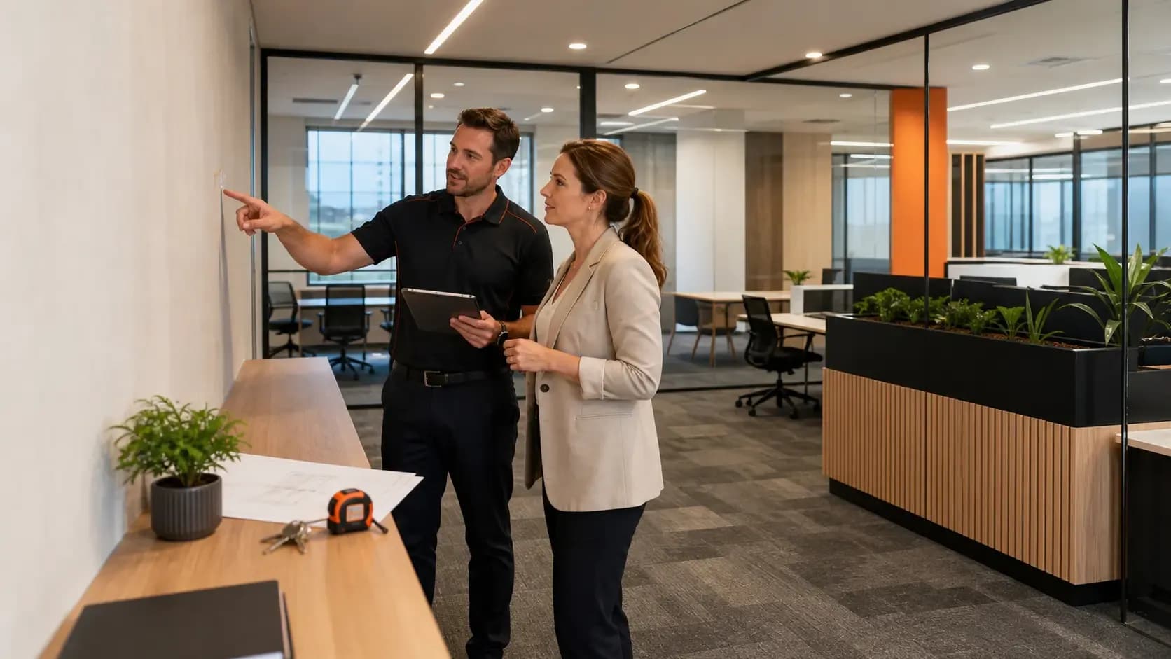 Project manager and business owner reviewing a completed commercial office fitout during handover and final inspection.