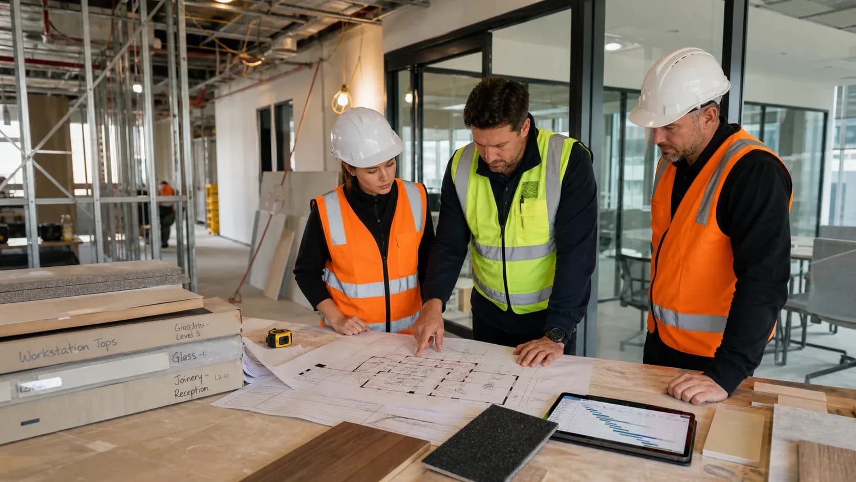 Commercial fitout team reviewing drawings and project details on a Melbourne office fitout site.