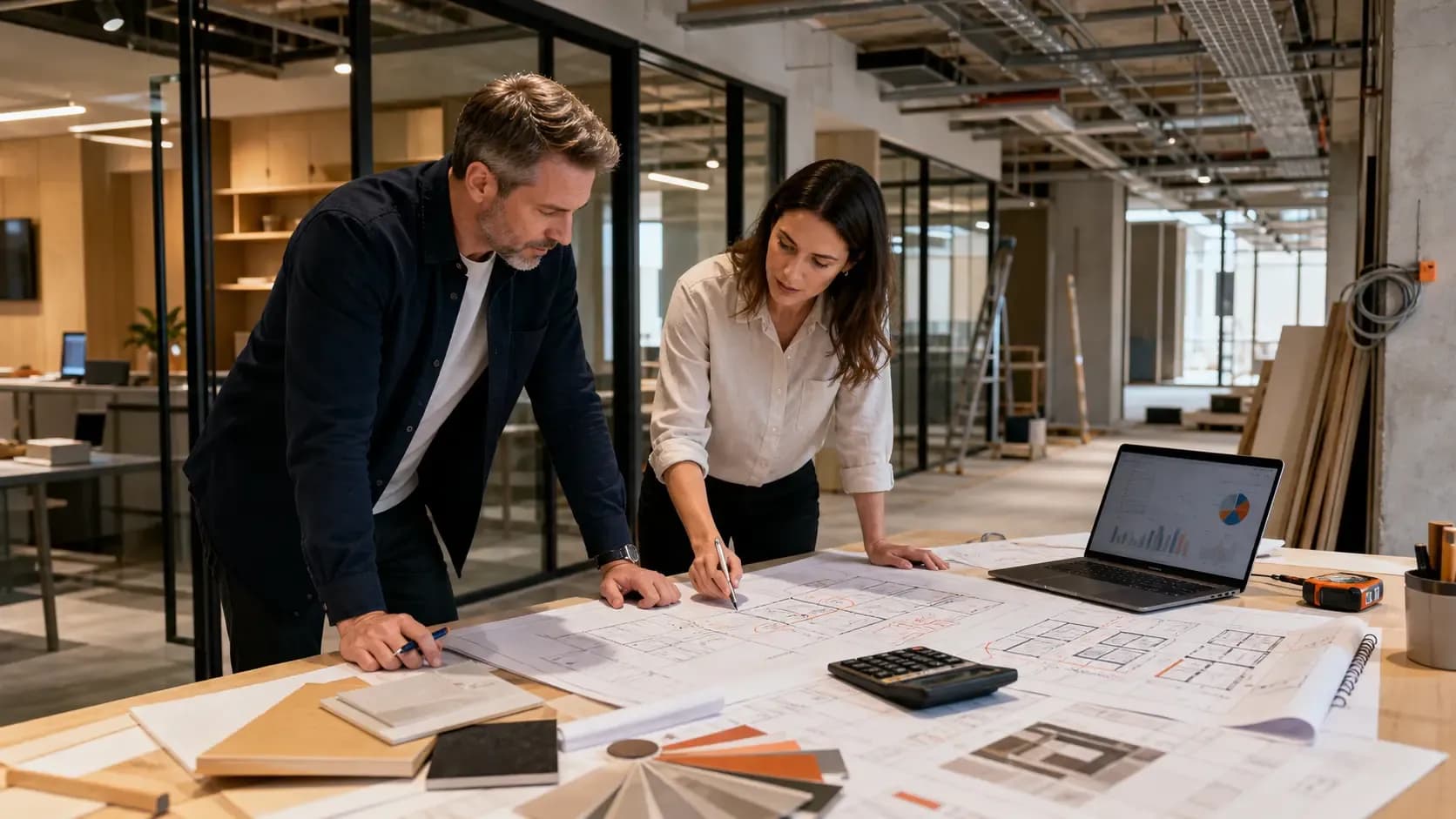 Project manager and business owner reviewing fitout plans, cost estimates, and material samples at a commercial office renovation site.