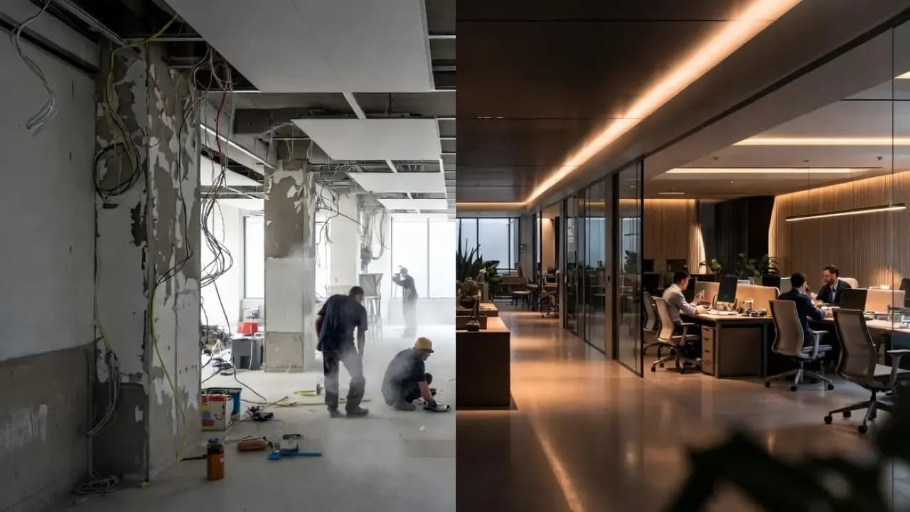 Office renovation vs fitout comparison showing a construction site on one side and a modern completed office workspace on the other
