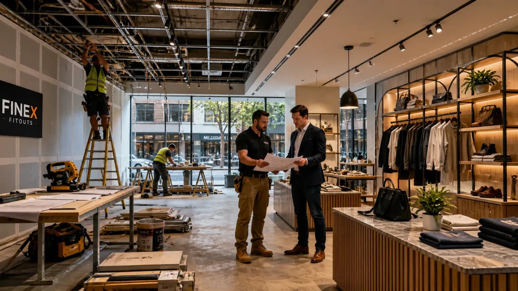 Modern retail store in Melbourne during fitout showing construction work, lighting installation, and finished retail displays