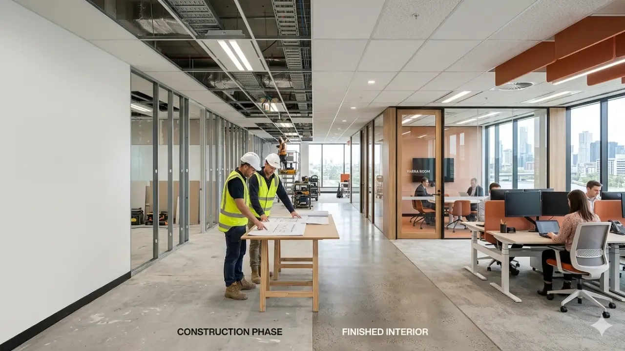 Modern Melbourne office fitout showing construction phase and finished workspace with desks, lighting, and partitioned areas.