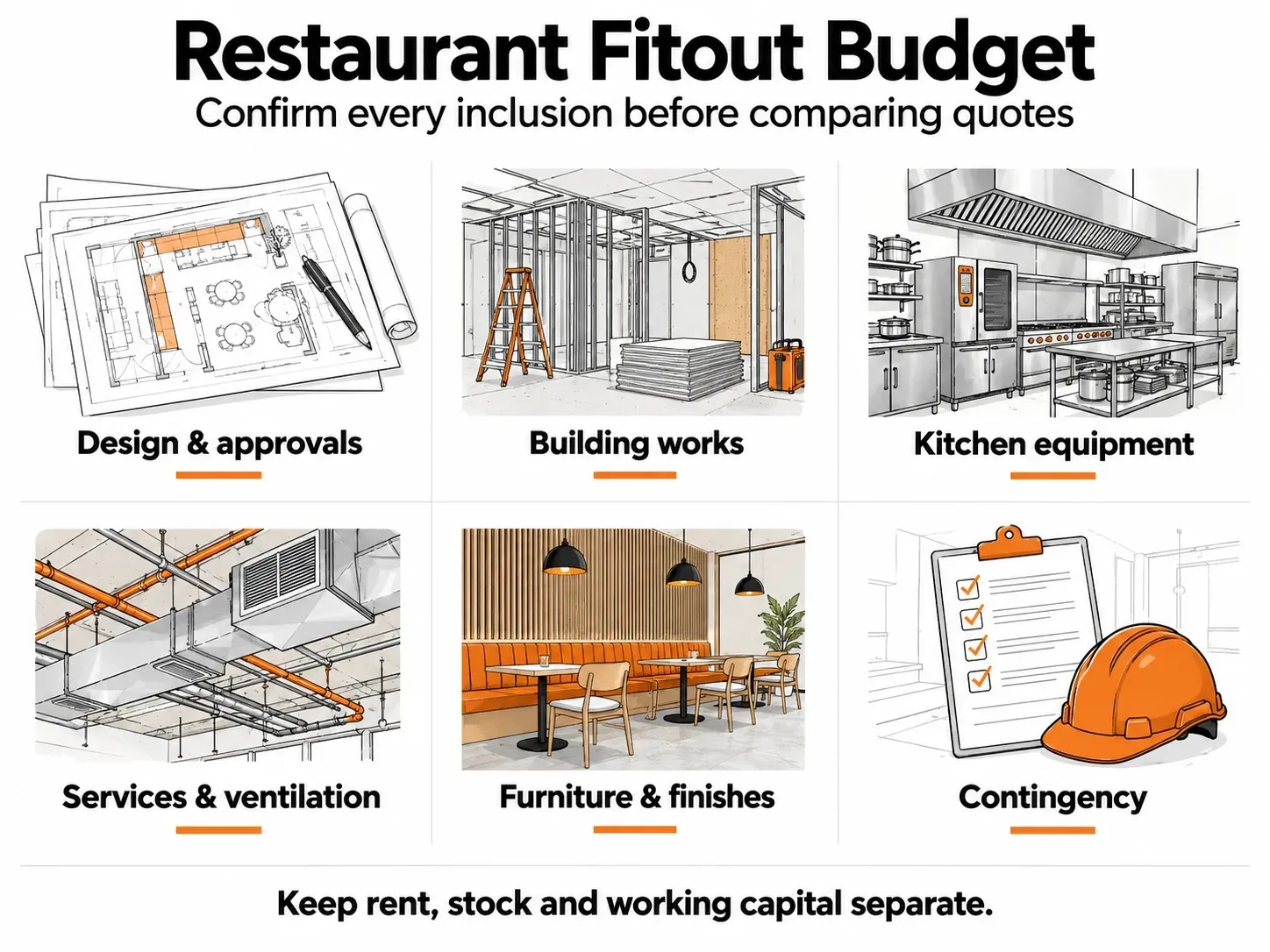 Restaurant fitout budget infographic covering design, building works, kitchen equipment, services, furniture and contingency.