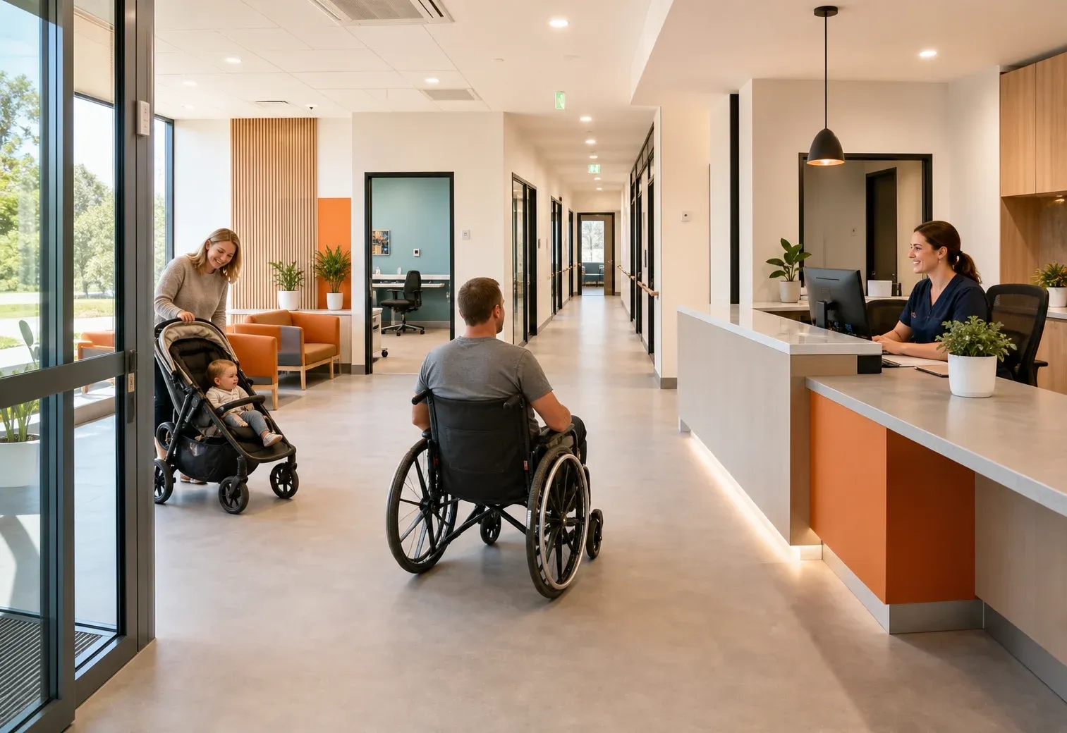 Accessible medical clinic interior with step-free access, wide circulation paths, wheelchair access, pram access, and an accessible reception counter.