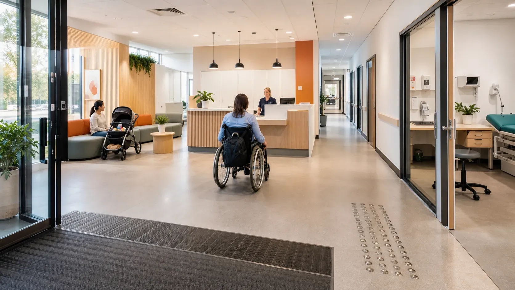 Accessible medical clinic fitout with step-free entry, wide circulation paths, accessible reception, waiting area, and consulting rooms.