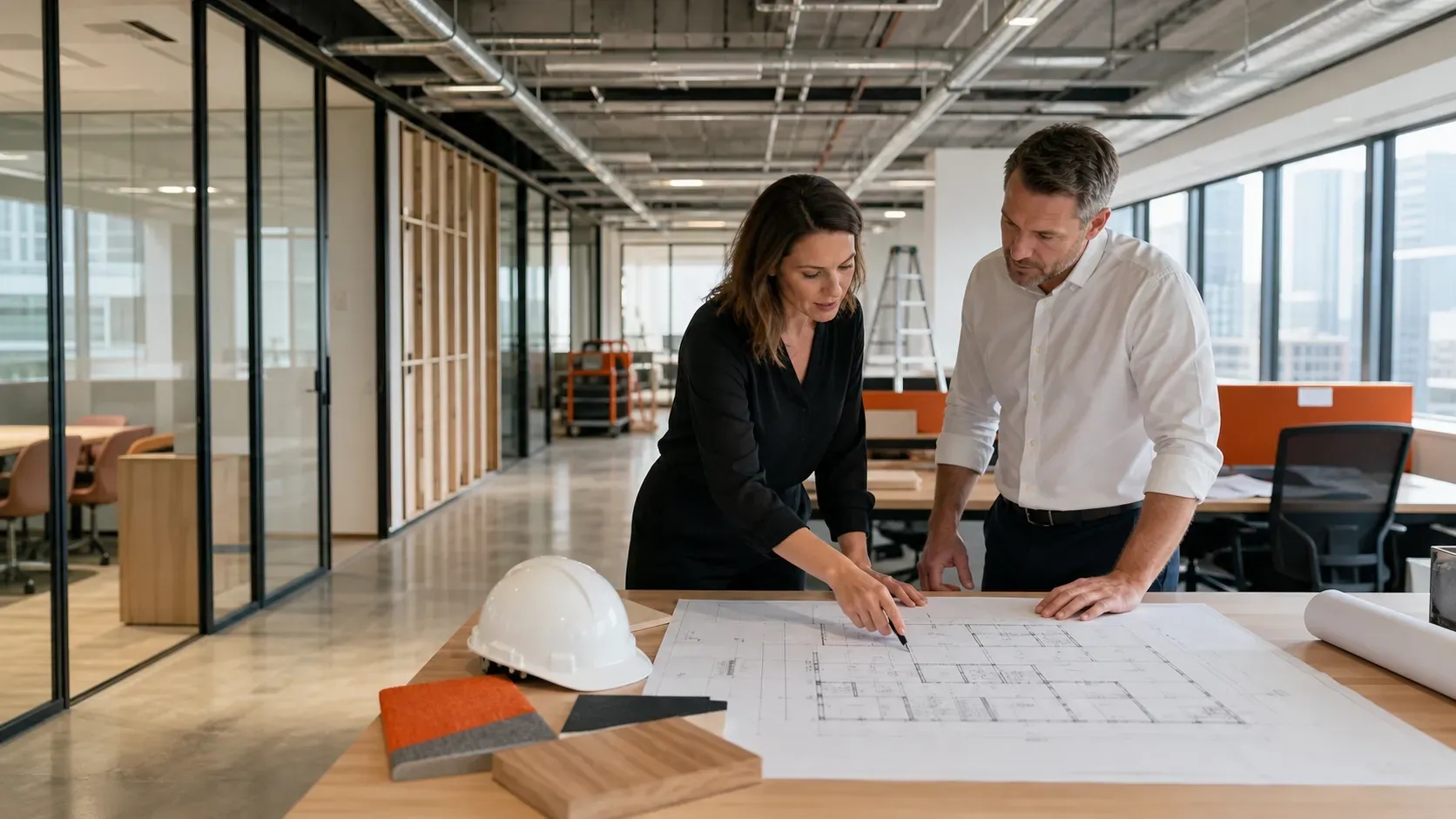 Architect and business owner reviewing floor plans inside a Melbourne commercial office fitout.
