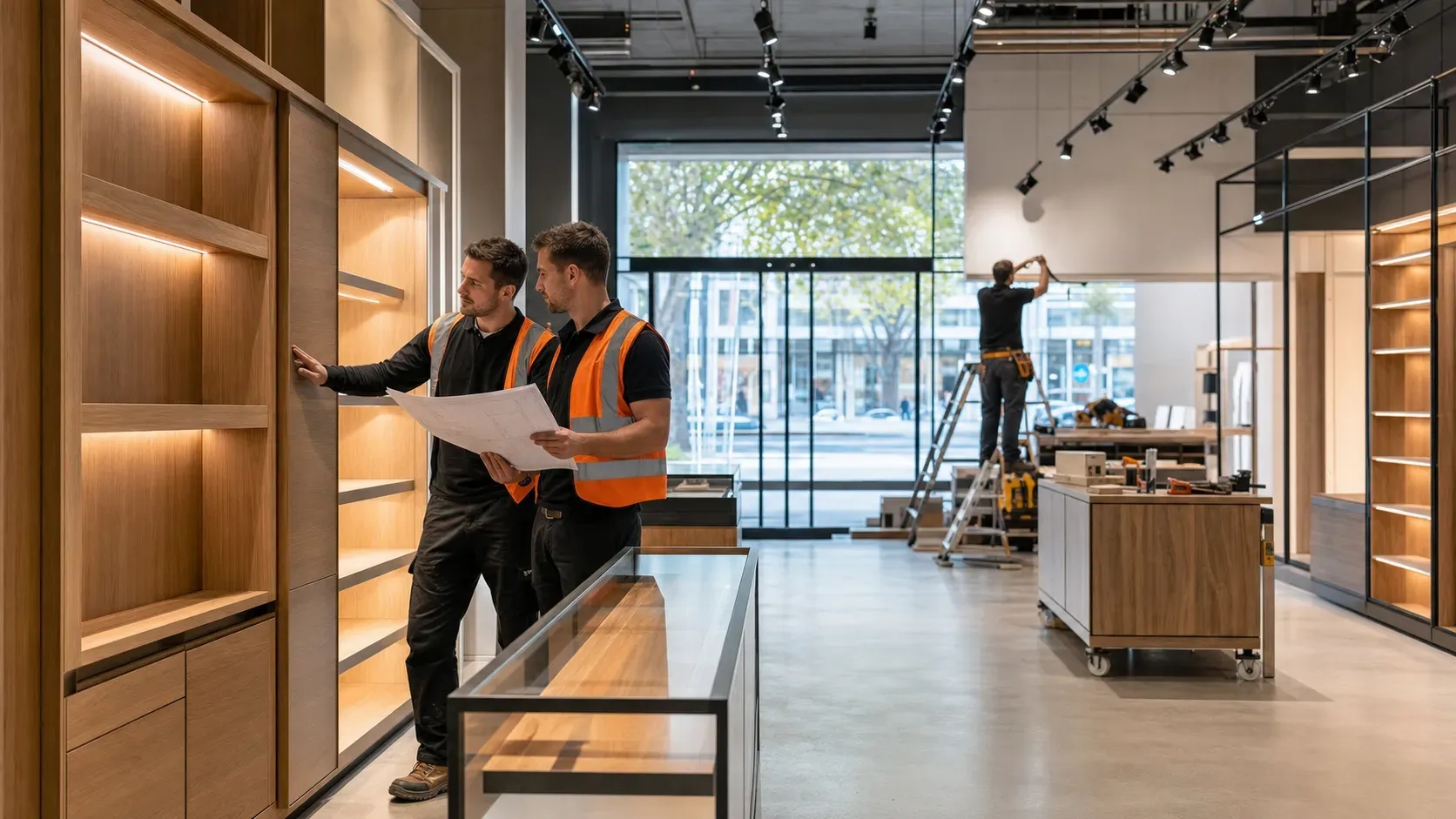 Retail fitout professionals reviewing plans inside a modern Melbourne store with timber displays, clothing rails, and native greenery.
