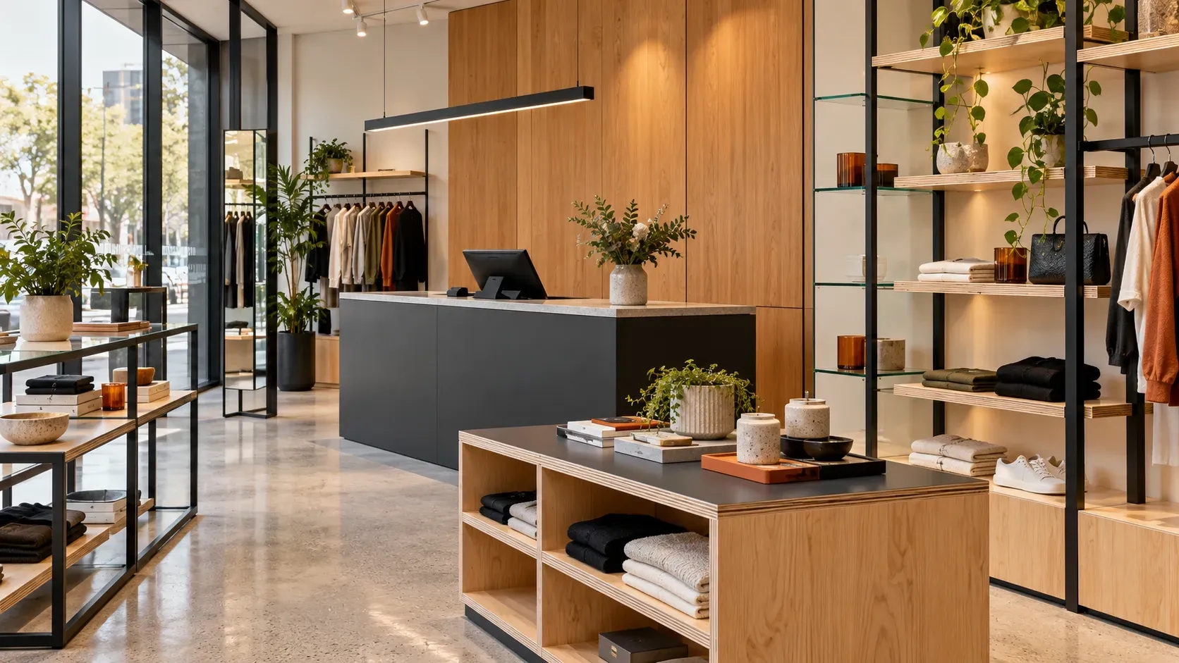 Modern retail fitout featuring plywood shelving, laminate counters, timber panels, metal frames, and glass displays.