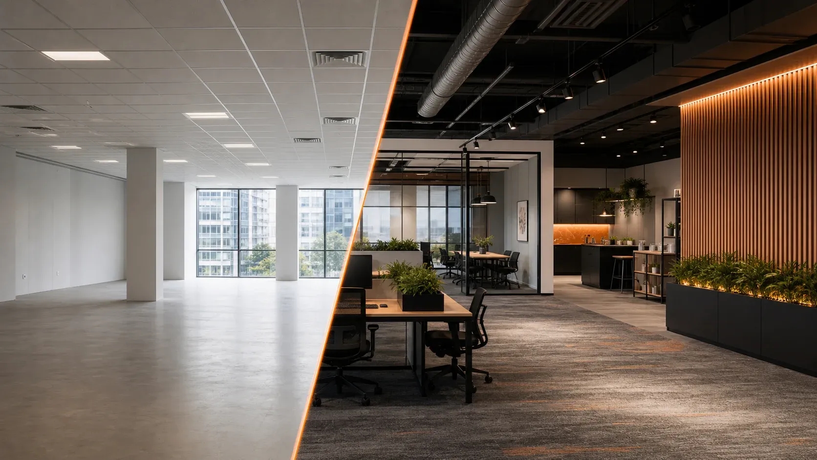 Modern commercial office interior split between a basic Category A fitout space and a completed Category B fitout with partitions, workstations, joinery, and meeting areas.