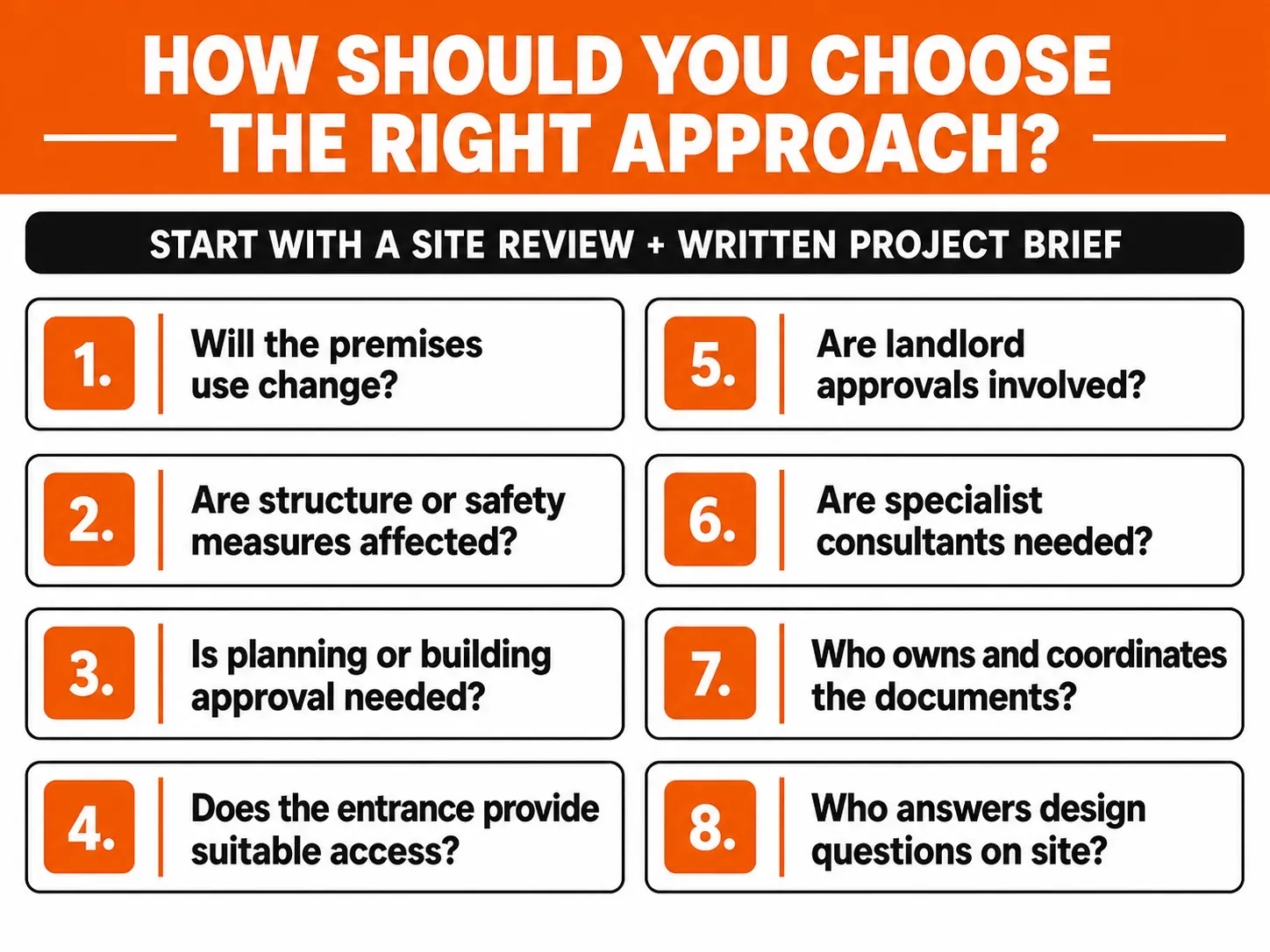 Checklist of eight questions to help Melbourne businesses choose the right commercial fitout approach.
