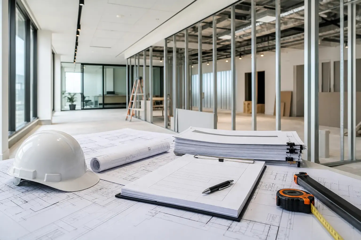 Commercial fitout plans, approval documents, hard hat, and measuring tools on a table inside a partially completed office fitout.
