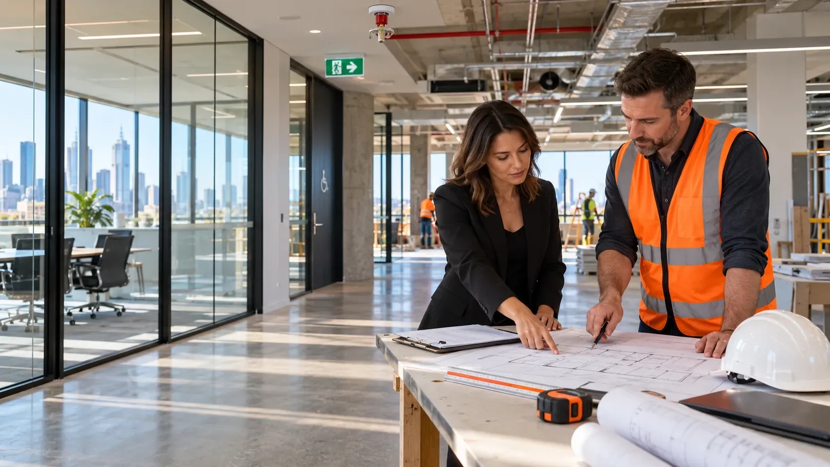 Business owner and project manager reviewing commercial fit-out plans in a Melbourne office under construction.