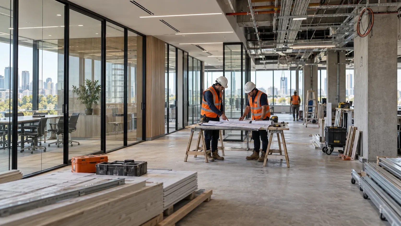 Two construction professionals review floor plans inside an office fitout with glass partitions and exposed ceiling services.