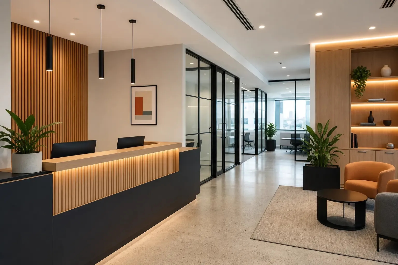 Completed Melbourne-style commercial fitout with clean finishes, glass partitions, timber accents, and modern workspace details.
