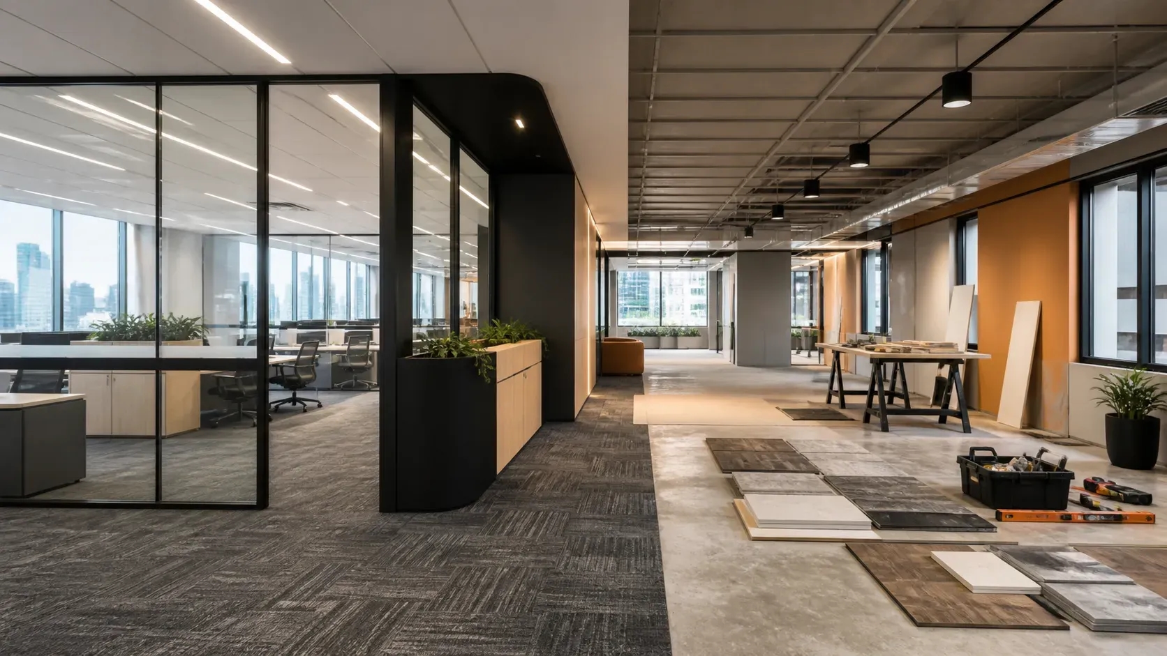 Modern Melbourne office showing a completed fitout beside a refurbishment in progress