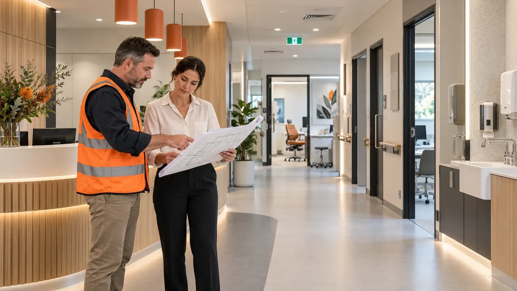 Project manager and clinic owner reviewing plans inside a compliant Australian healthcare fitout.