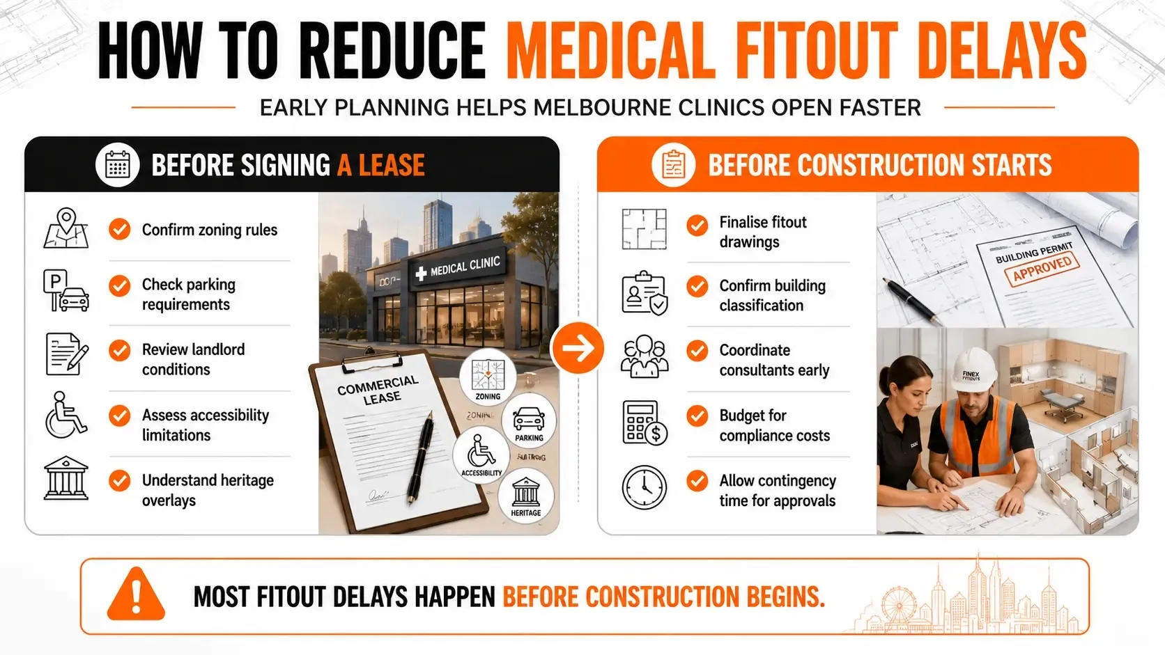 Infographic showing how Melbourne clinics can reduce medical fitout delays through early planning, permit preparation, zoning checks, and construction coordination.