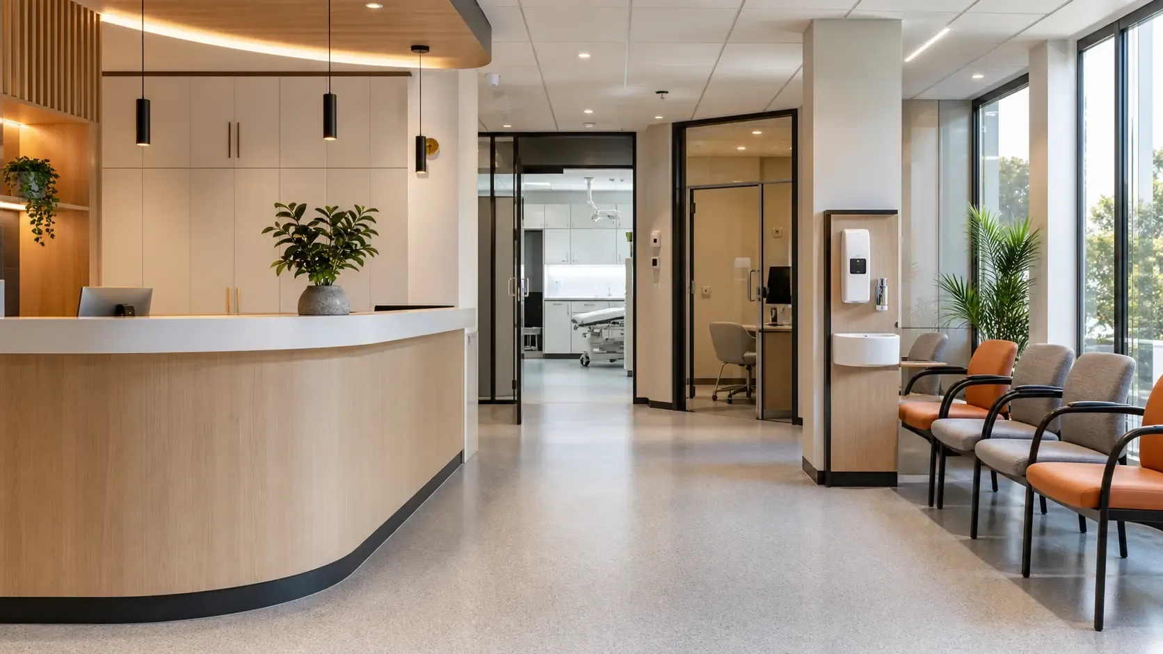 Modern medical clinic fitout in Australia with reception area, consult room corridor, cleanable finishes, and accessible layout