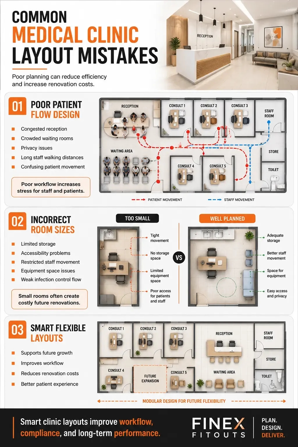 Infographic showing common medical clinic layout mistakes including poor patient flow, incorrect room sizes, and flexible clinic layout planning for Melbourne healthcare fit-outs.