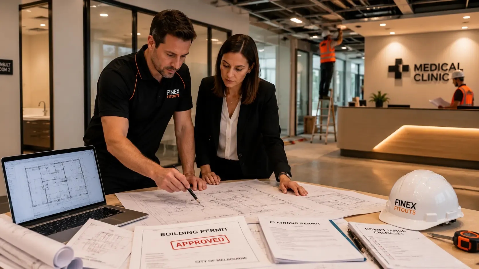 Melbourne medical clinic fitout project showing builders and consultants reviewing permits, architectural plans, and construction documents inside a modern healthcare space.