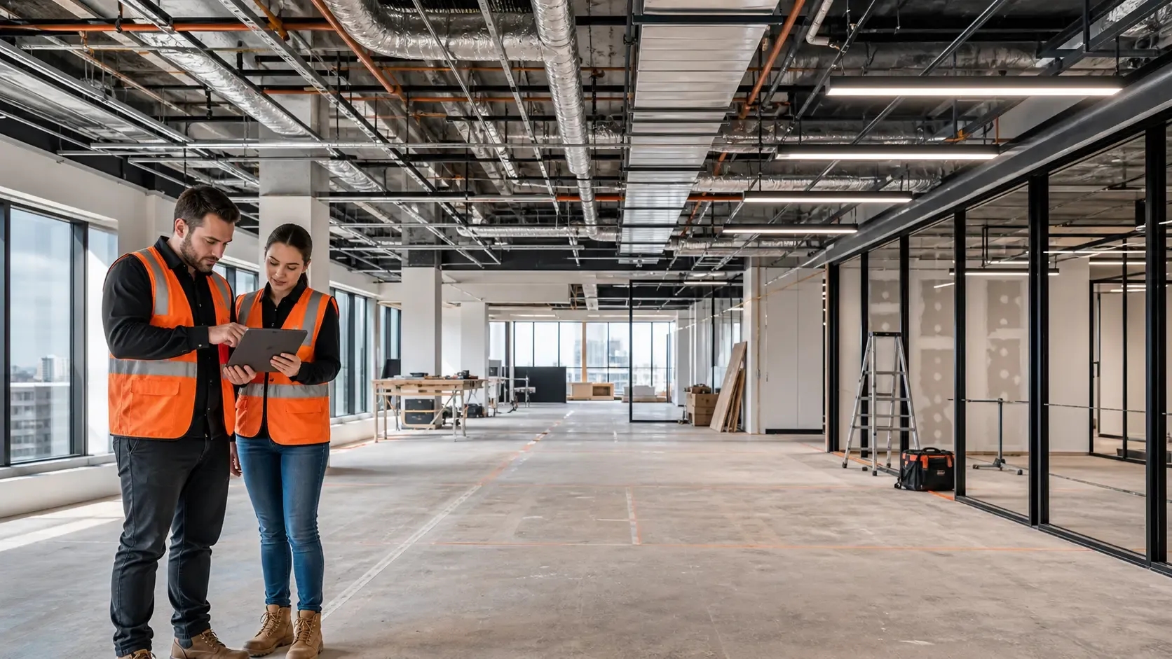 Two fitout professionals inspect existing ceiling services, ducting, and electrical infrastructure in a Melbourne commercial space.