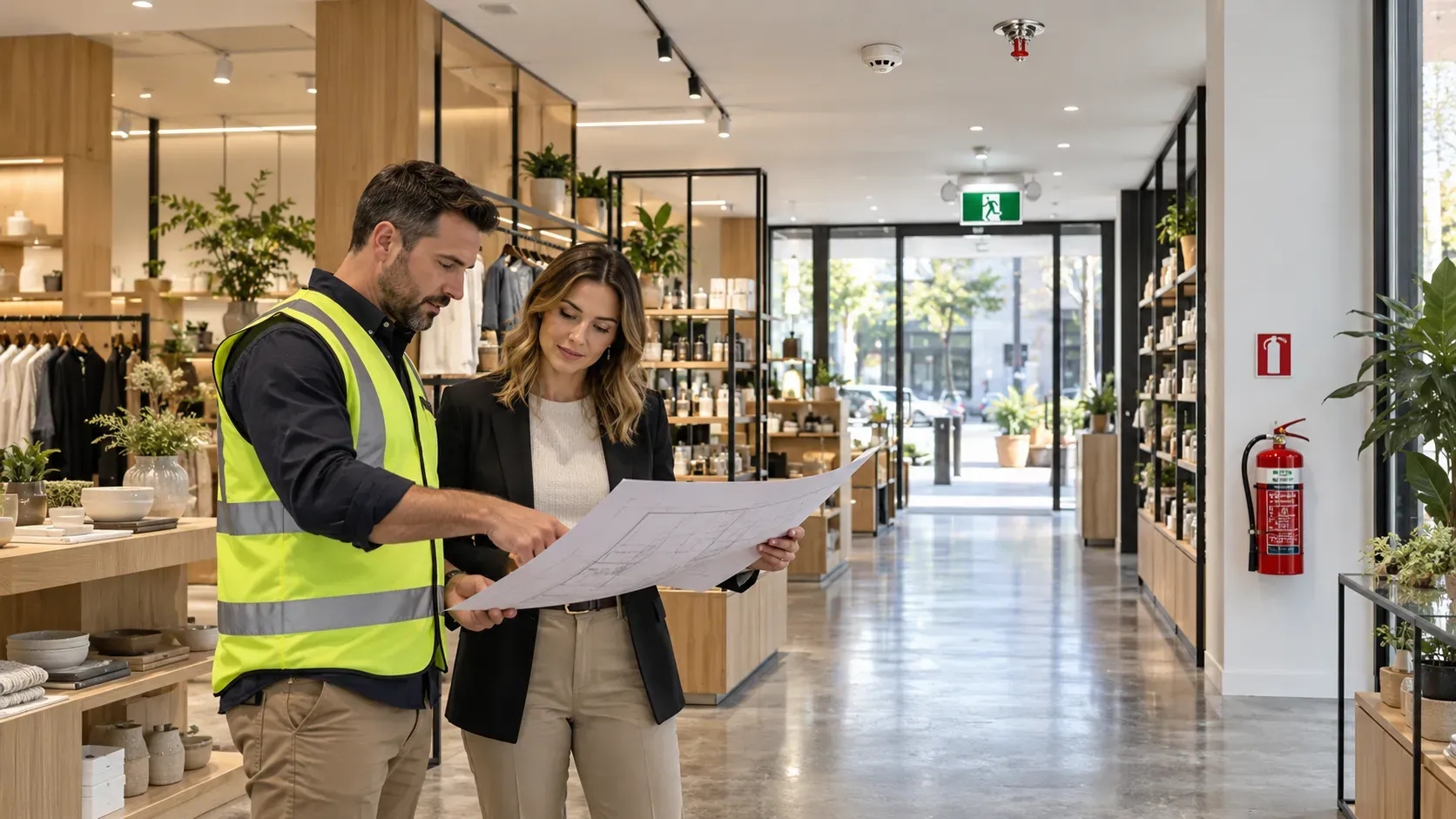 Project manager and retail owner reviewing plans inside a modern Australian store with a clear exit, sprinkler and fire extinguisher.
