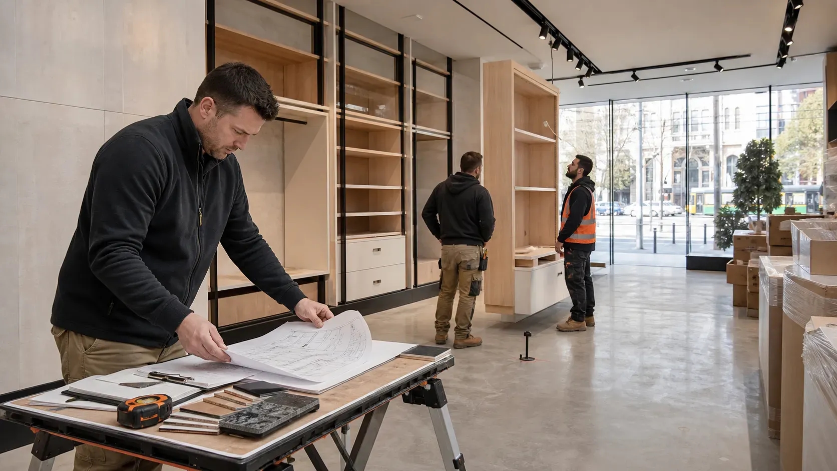 Project manager reviews construction plans while tradespeople inspect fixtures inside a Melbourne retail fitout.