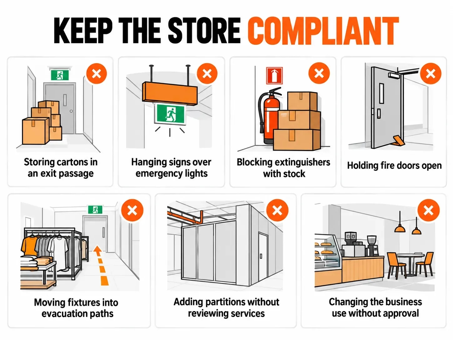 Seven retail fire-safety compliance risks, including blocked exits, covered emergency lights, obstructed extinguishers and unapproved alterations.